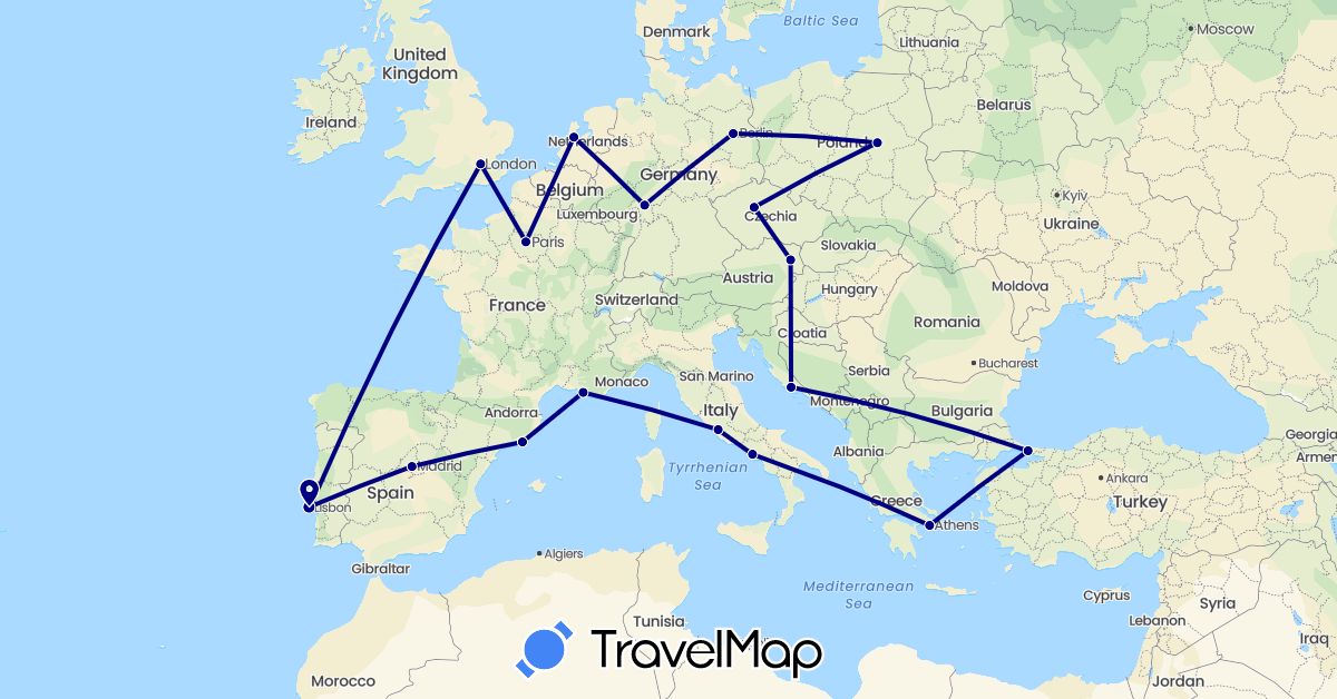 TravelMap itinerary: driving in Austria, Czech Republic, Germany, Spain, France, United Kingdom, Greece, Croatia, Italy, Netherlands, Poland, Portugal, Turkey (Asia, Europe)